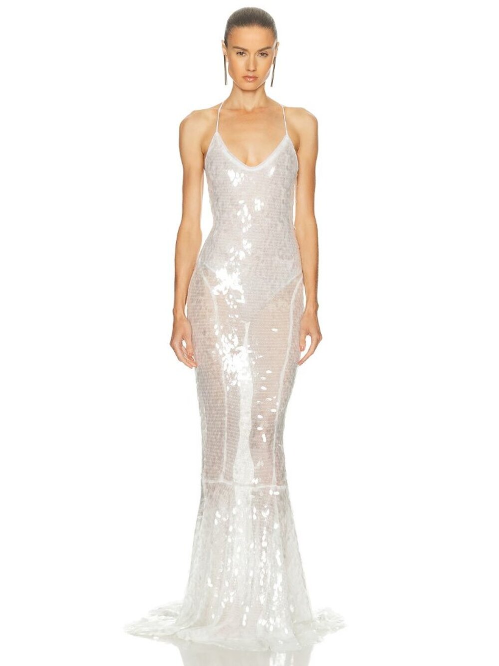Norma Kamali Low Back Fara Slip Fishtail Gown in Clear & White